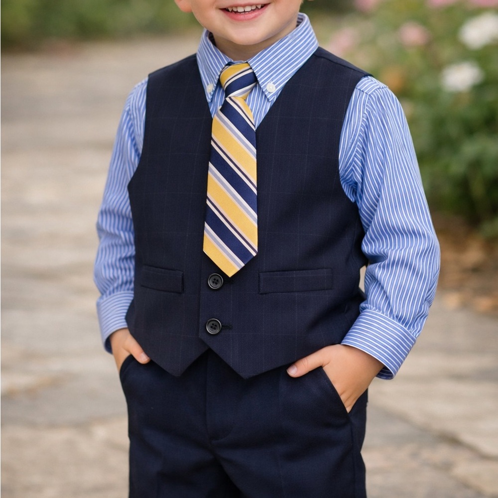 Toddler 4 Piece Navy Pants, Shirt, Vest Suit Set with Stripe Tie Size 3T NWT